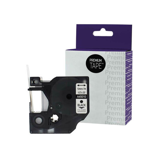 Premium Tape Label Tape - Alternative for Dymo A45010 - 1/2'' x 23' (12 mm x 7 m) - Black on Clear - 1 Pack