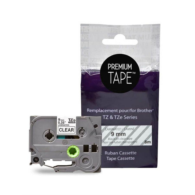 Premium Tape Label Tape - Alternative for Brother TZe-121 - 3/8" x 26' (9 mm X 8 m) - Black on Clear - 1 Pack