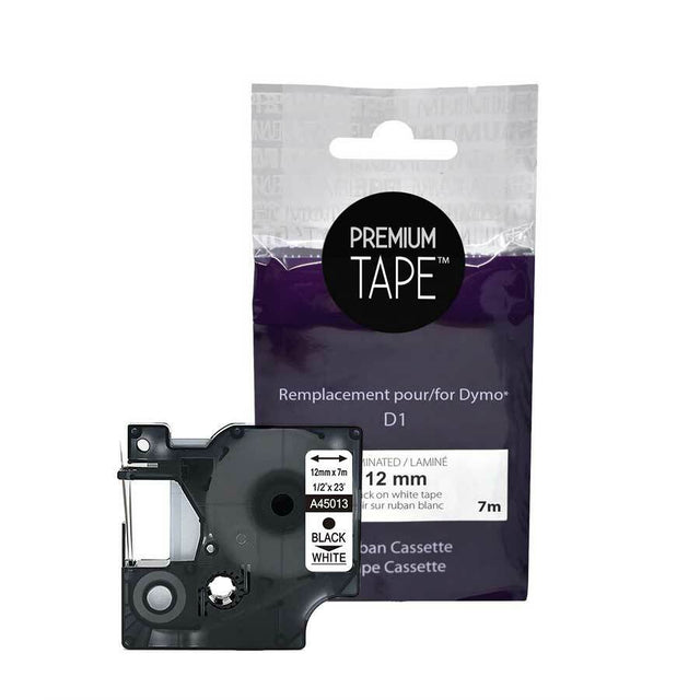 Premium Tape Label Tape - Alternative for Dymo A45013 - 1/2"x23' (12 mm x 7 m) - Black on White - 1 Pack